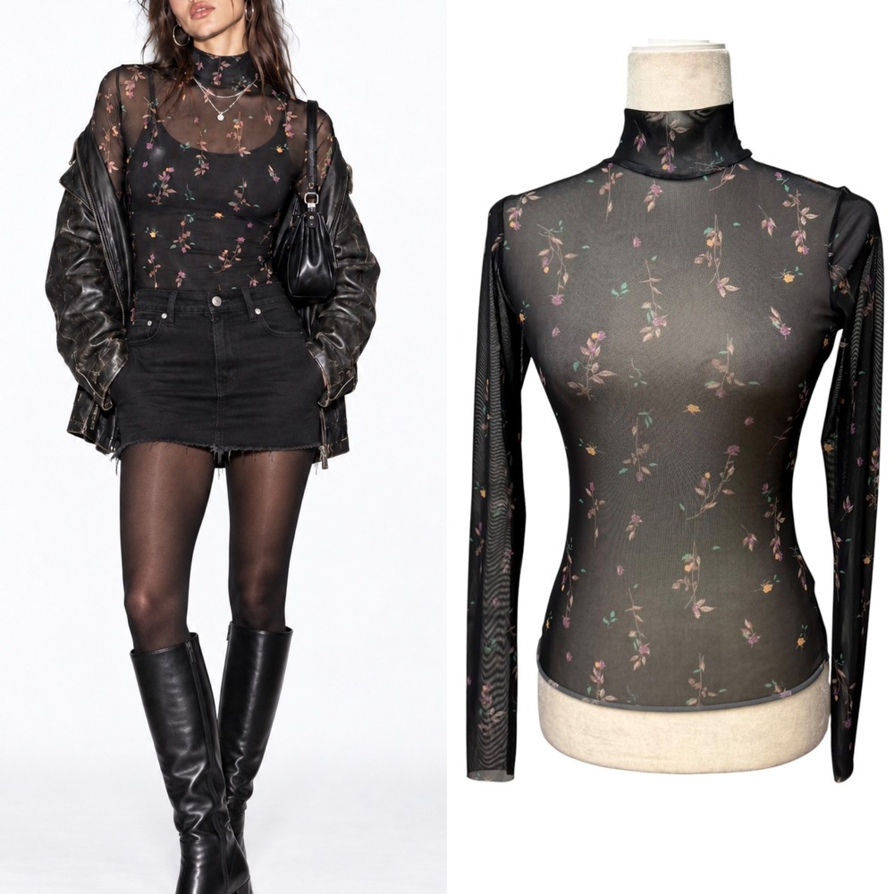 Womens Mesh Top S Black Floral Mock Neck Sheer Long Sleeve Indie Sleaze Layering